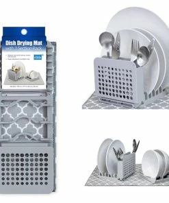 TVTimeDirect Dish Drying Mat With 3 Section Rack - Light Gray