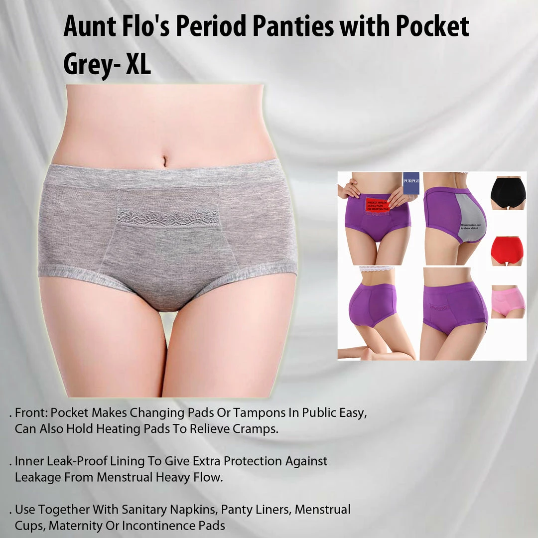 TVTimeDirect Aunt Flo's Period Panties With Pocket- Grey- XL Clothing & Accessories 3 TVTimeDirect Aunt Flo's Period Panties With Pocket- Grey- XL Clothing & Accessories