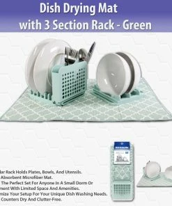 TVTimeDirect Kitchen Dish Drying Mat With 3 Section Rack - Green