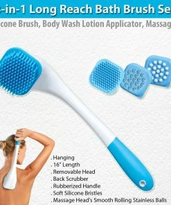 TVTimeDirect 3-in-1 Long Reach Bath Brush Set -Silicone Brush, Body Wash Lotion Applicator, Massager
