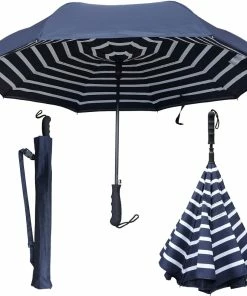 TVTimeDirect RainStoppers Umbrella- 46" Inverted Backward Inside Out Navy/Stripe