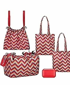 TVTimeDirect Sachi Shop Pack Go Market Totes Grocery Bag 5 Pce Set Red Chev