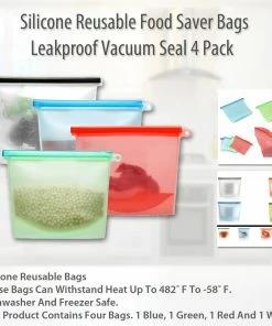 TVTimeDirect Kitchen Silicone Reusable Food Saver Bags 4 Cups - Airtight Leakproof Vacuum Seal 4 Pack