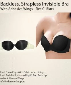 TVTimeDirect Backless, Strapless Invisible Bra With Adhesive Wings - Size C- Black Clothing & Accessories