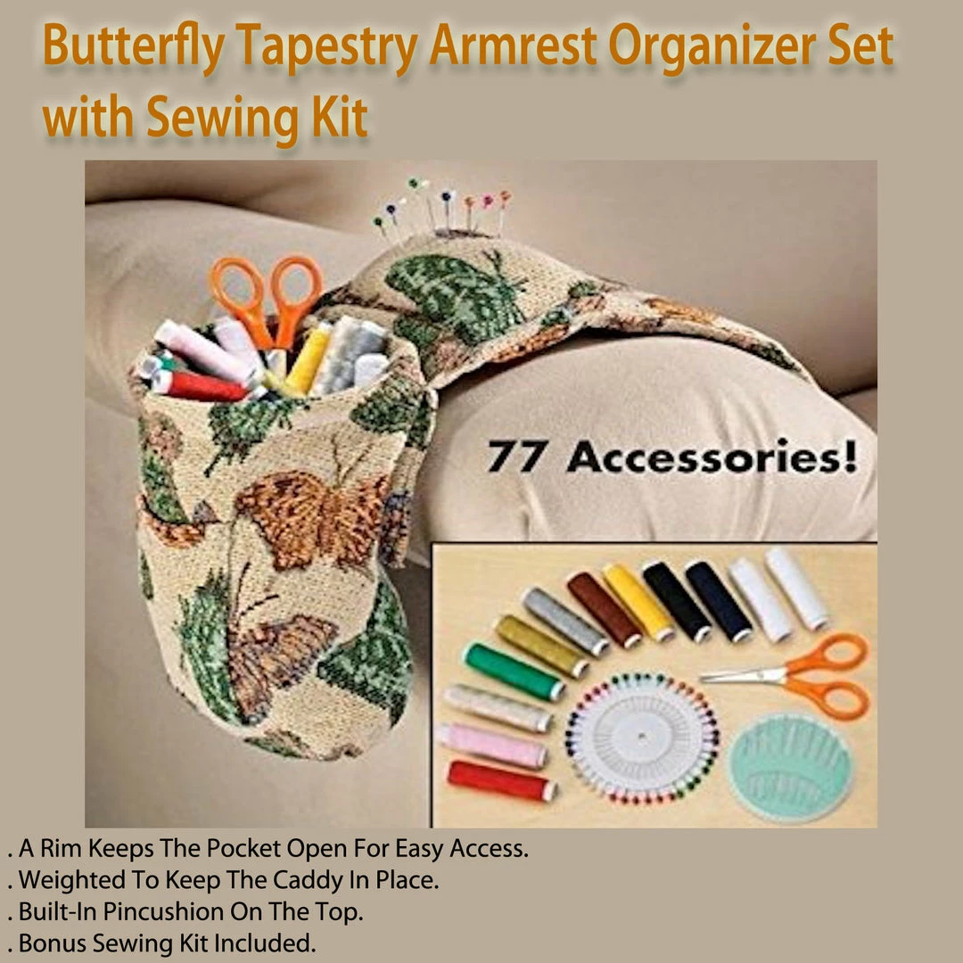 TVTimeDirect Butterfly Tapestry Armrest Organizer Set With Sewing Kit Houseware 3 TVTimeDirect Butterfly Tapestry Armrest Organizer Set With Sewing Kit Houseware
