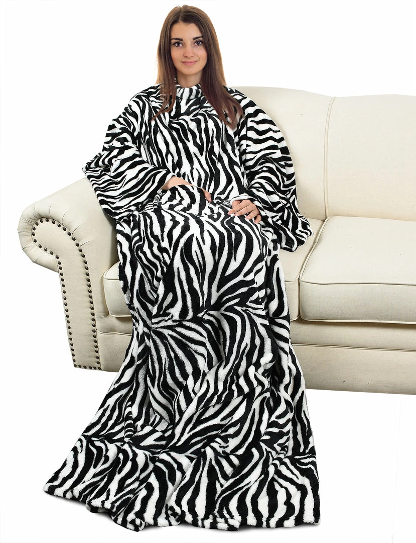 TVTimeDirect Warmie Designer Cozy Blanket With Sleeves (Zebra) Bed & Bath 4 TVTimeDirect Warmie Designer Cozy Blanket With Sleeves (Zebra) Bed & Bath